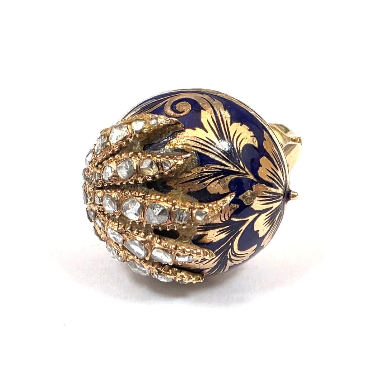 Anello "portaveleno" in oro giallo 9 Kt con smalti e diamanti mezza rosetta.-photo-2