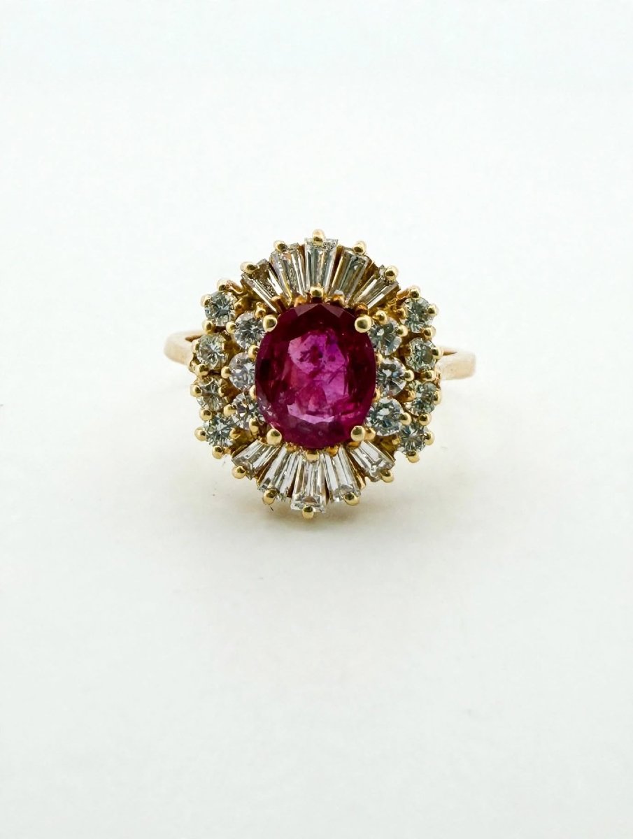 Anello vintage in oro giallo 18 Kt con rubino naturale e diamanti-photo-4