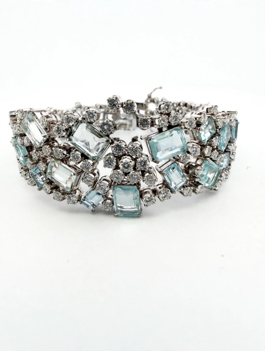 Bracciale anni 60 in Oro bianco 18Kt con Diamanti e Acquamarina-photo-2