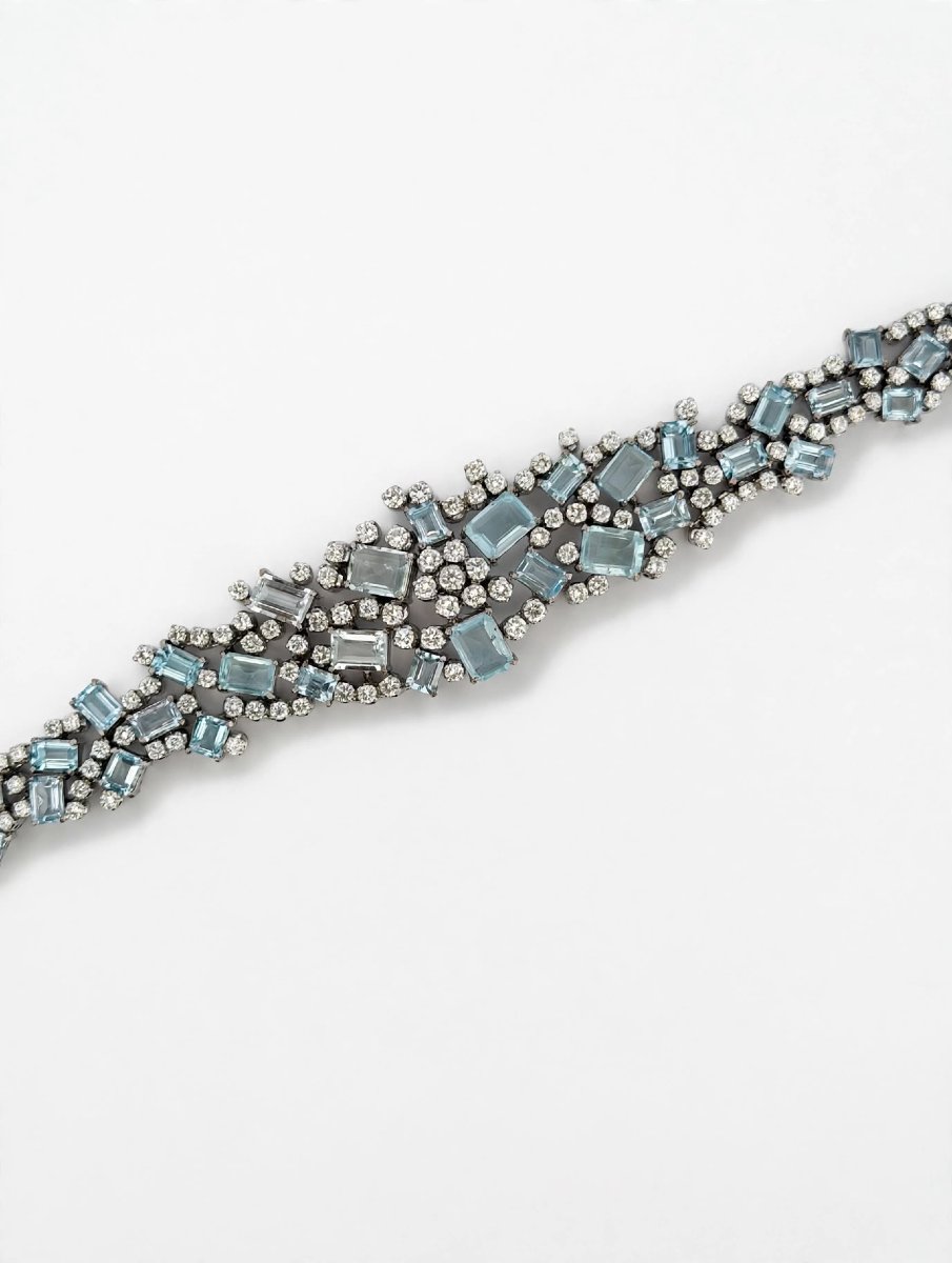 Bracciale anni 60 in Oro bianco 18Kt con Diamanti e Acquamarina-photo-3