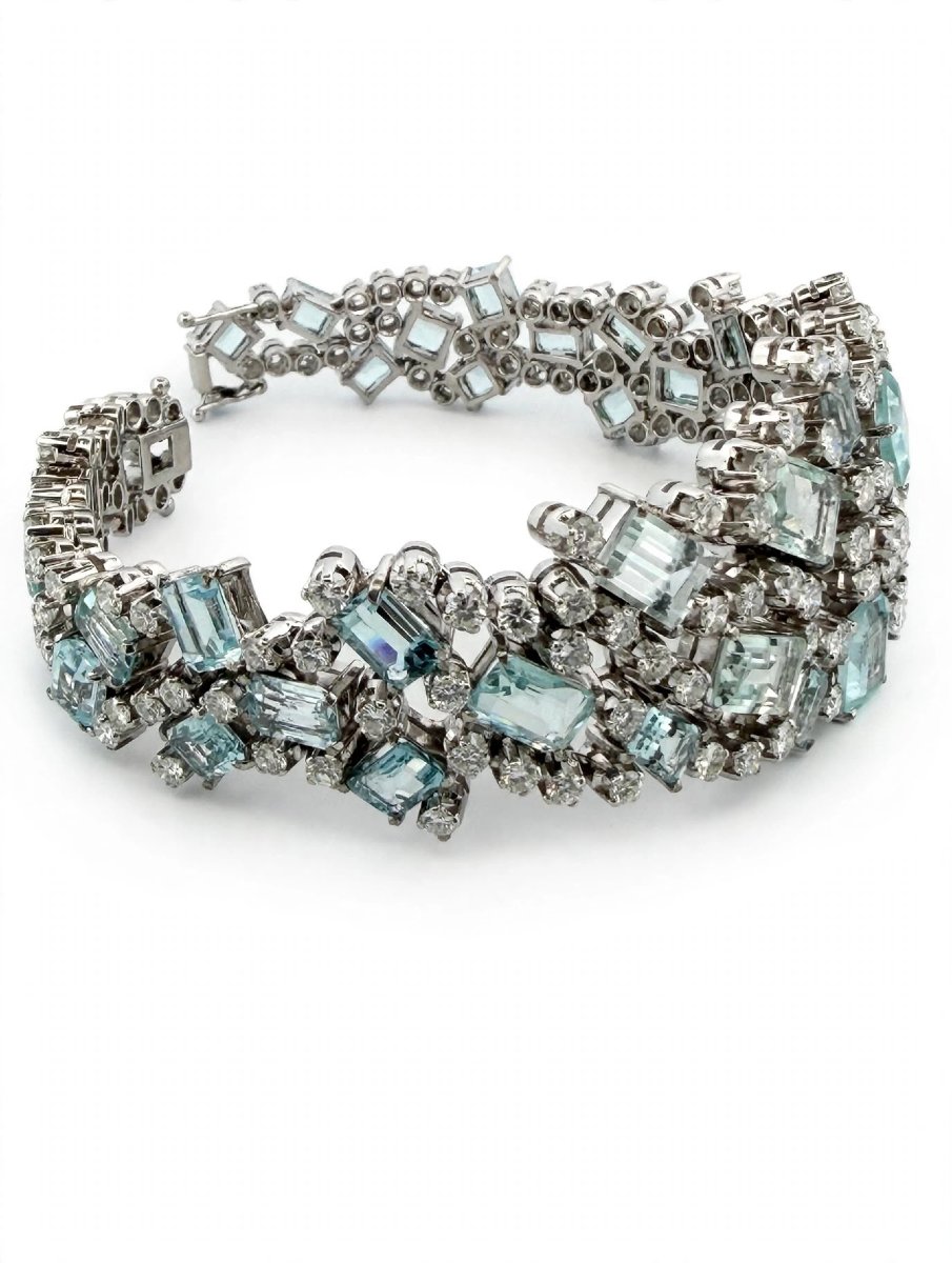 Bracciale anni 60 in Oro bianco 18Kt con Diamanti e Acquamarina-photo-4