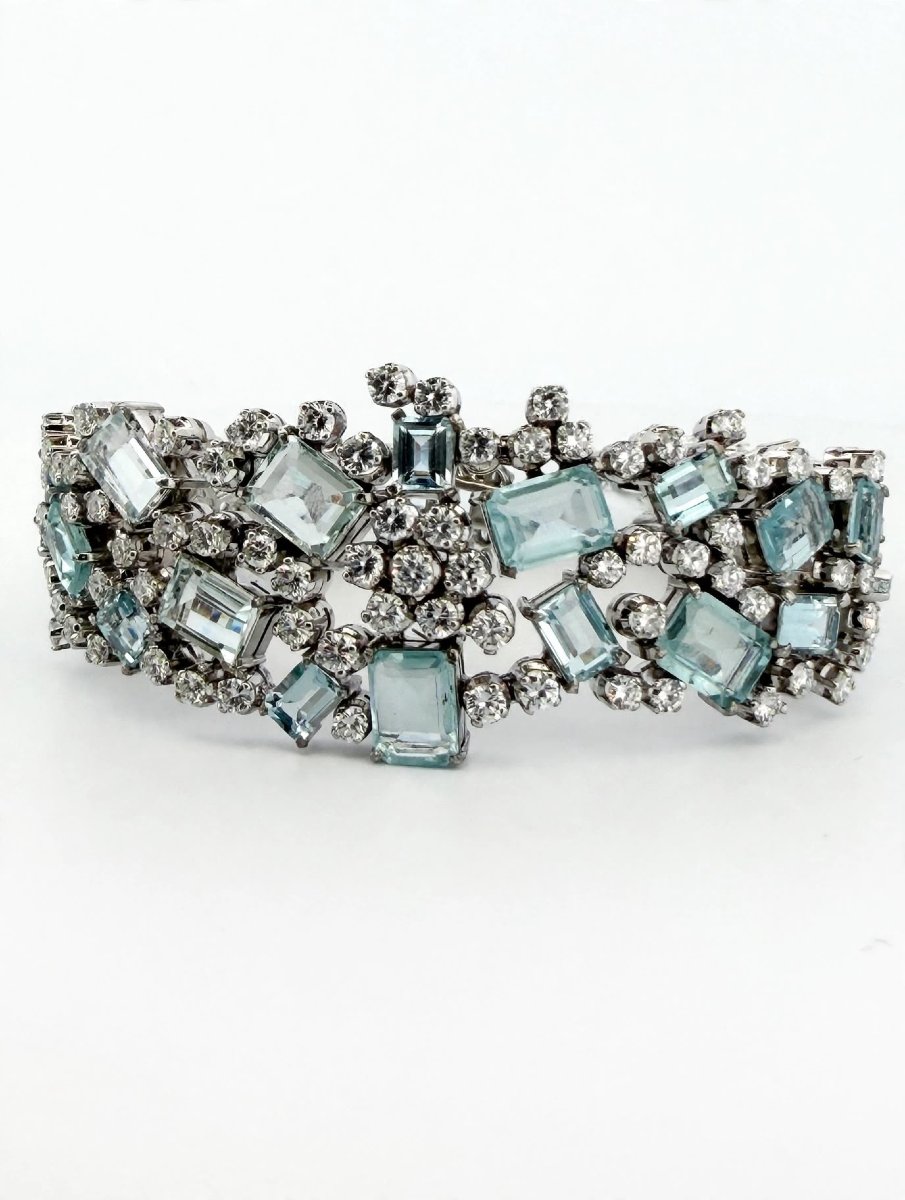 Bracciale anni 60 in Oro bianco 18Kt con Diamanti e Acquamarina-photo-1