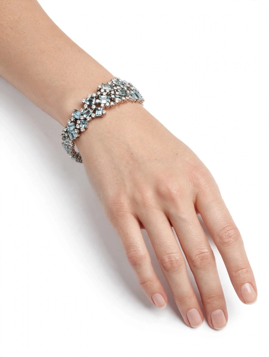 Bracciale anni 60 in Oro bianco 18Kt con Diamanti e Acquamarina-photo-6