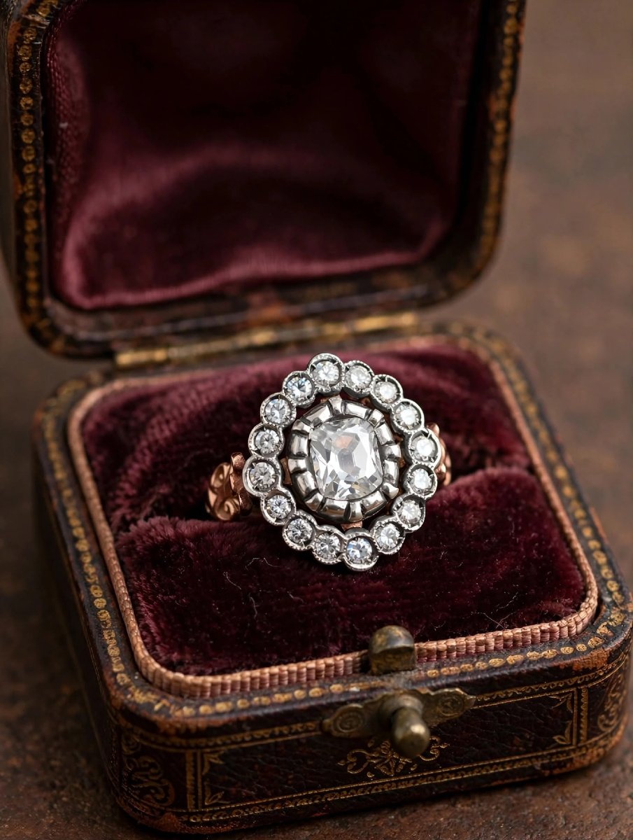 Anello Rosetta Antico Vittoriano con Diamante Old Cushion centrale e con contorno di Diamanti O