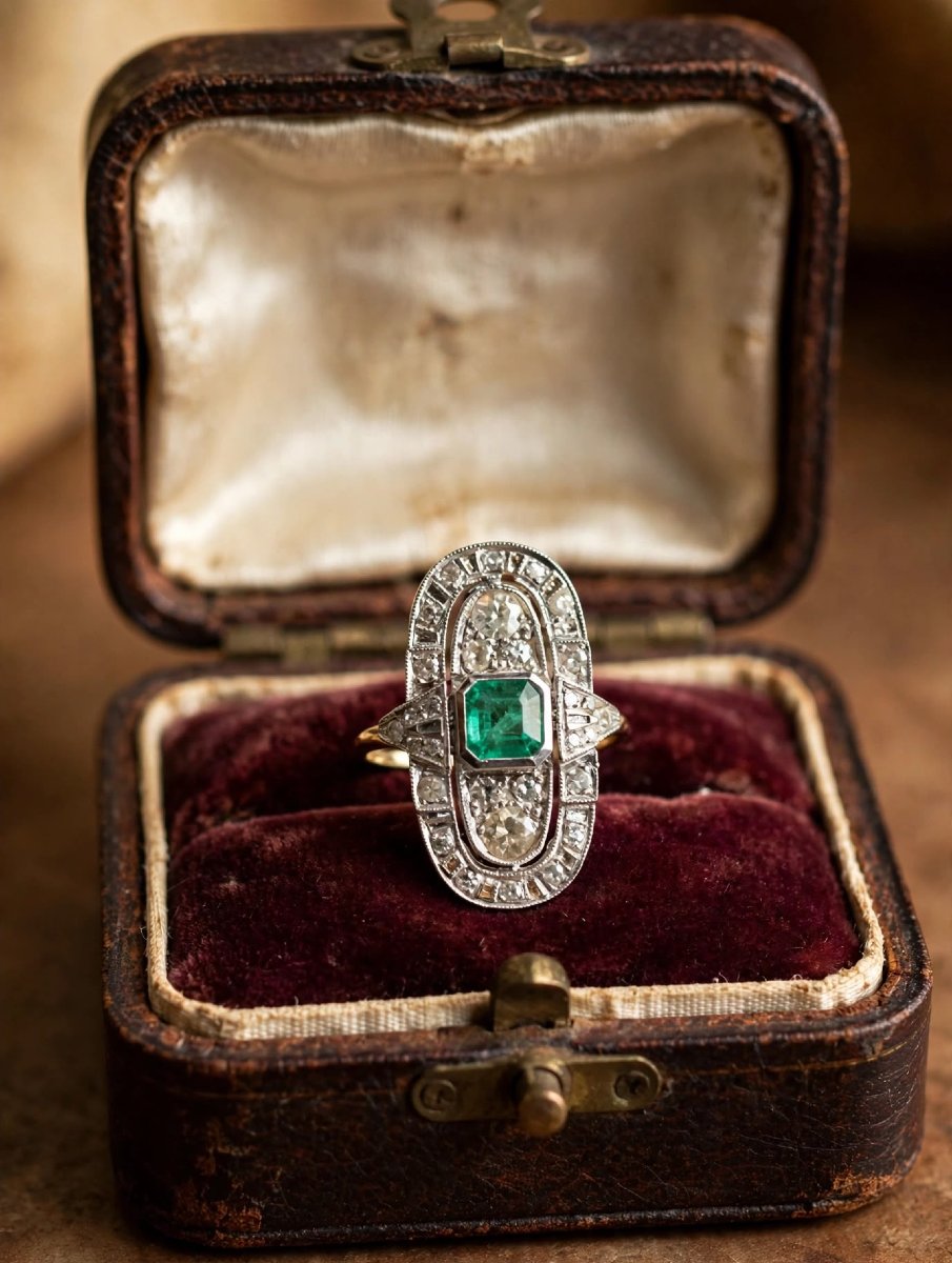 Anello anni '60 in Oro 18Kt con Smeraldo centrale e Diamanti