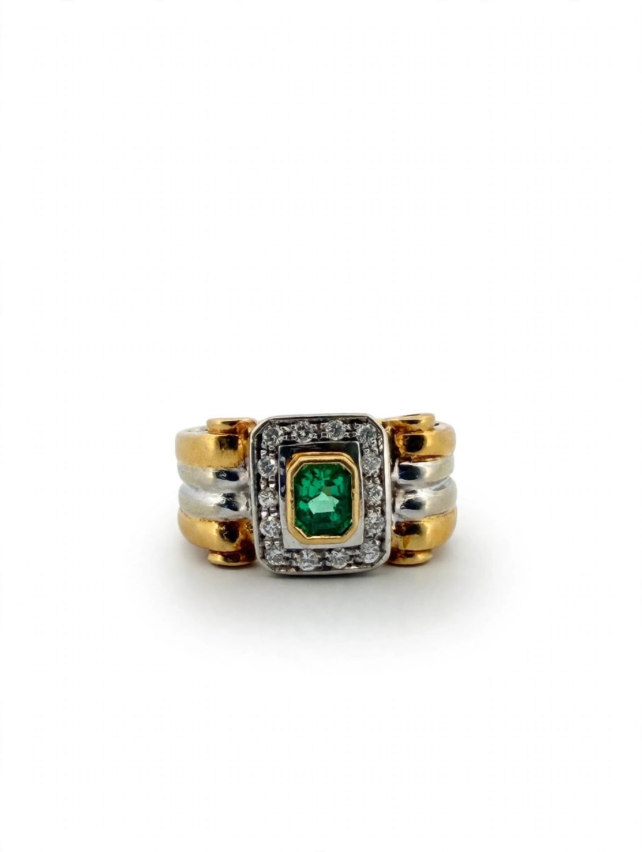 Anello a fascia in Oro giallo e bianco 18Kt con Smeraldo e Diamanti-photo-3
