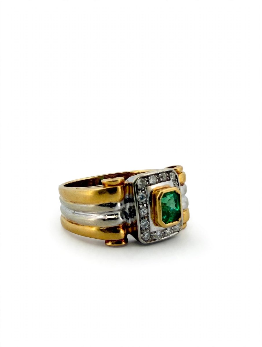 Anello a fascia in Oro giallo e bianco 18Kt con Smeraldo e Diamanti-photo-4