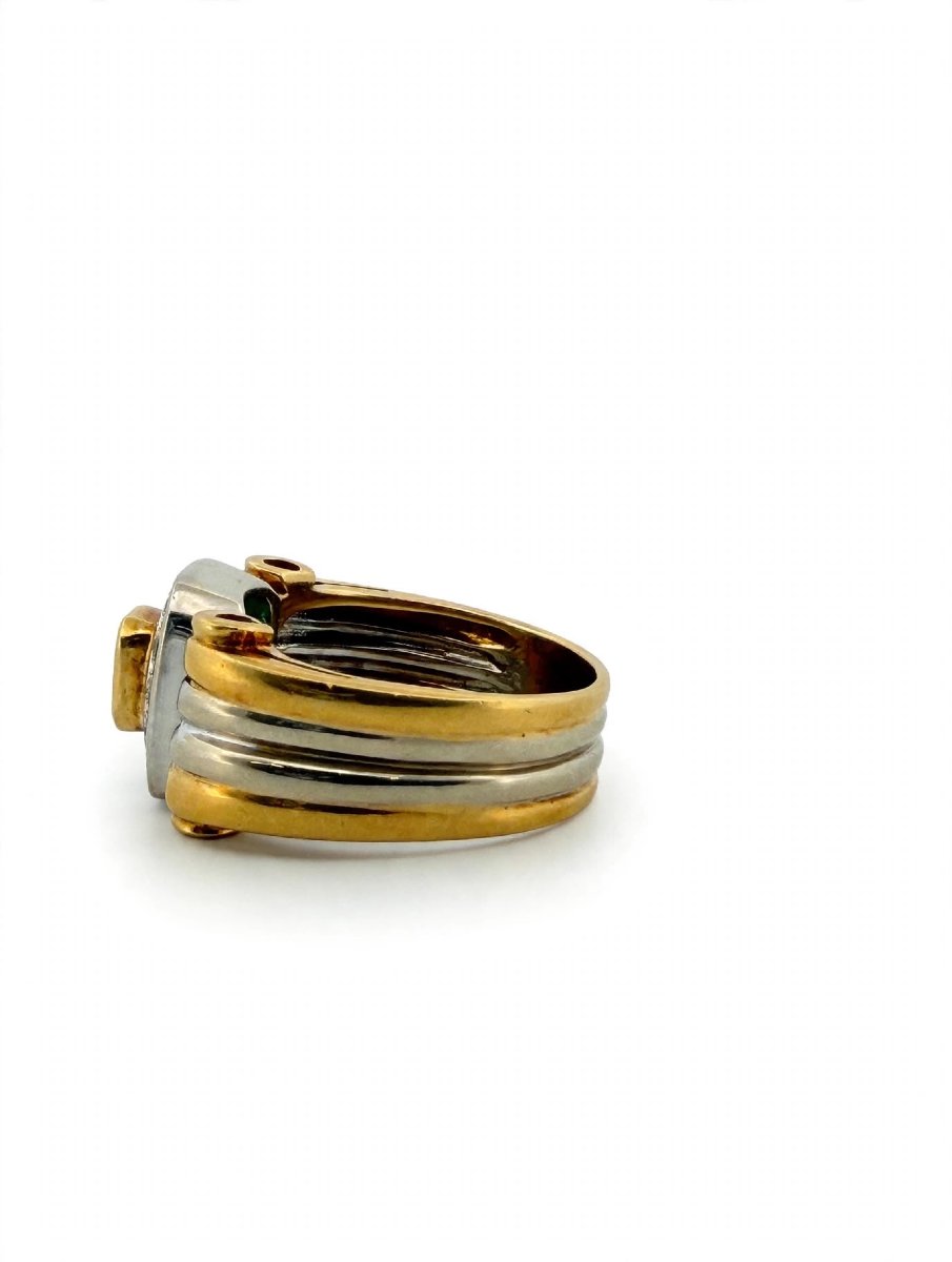 Anello a fascia in Oro giallo e bianco 18Kt con Smeraldo e Diamanti-photo-1