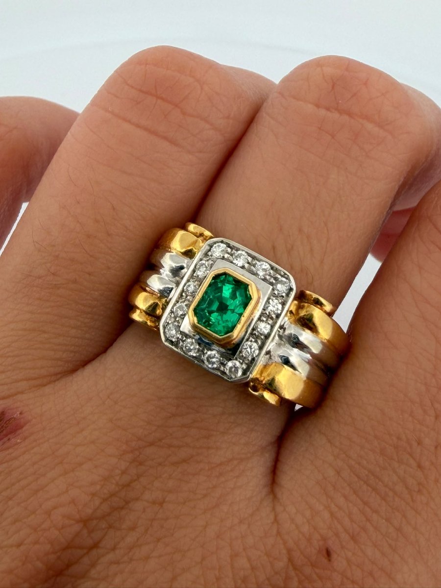 Anello a fascia in Oro giallo e bianco 18Kt con Smeraldo e Diamanti-photo-5