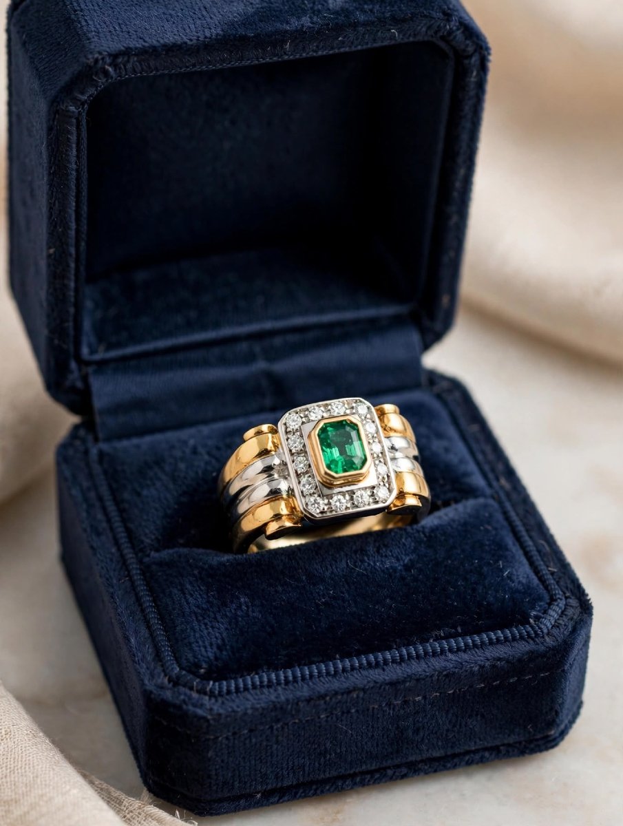 Anello a fascia in Oro giallo e bianco 18Kt con Smeraldo e Diamanti