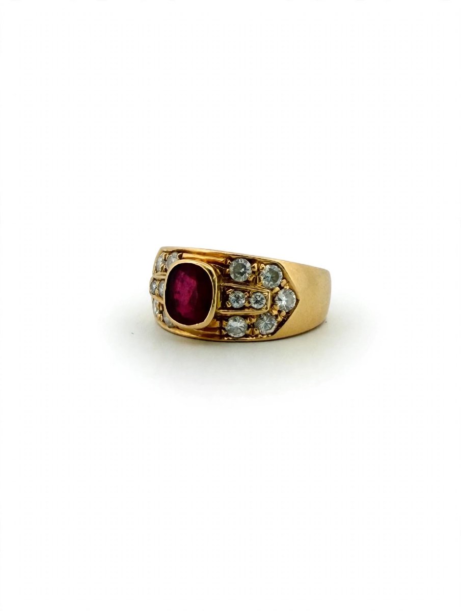 Anello a fascia in Oro giallo 18Kt con Rubino e Diamanti-photo-2