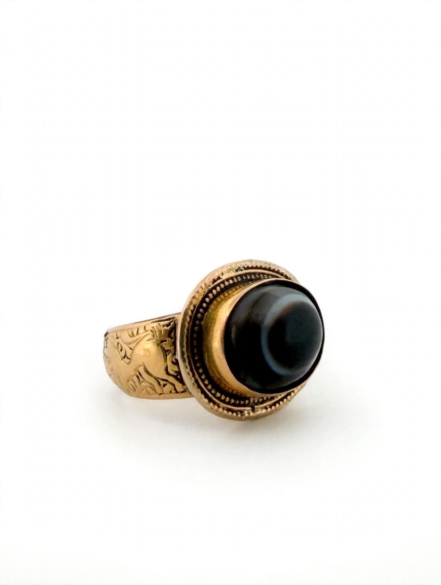 Anello Vintage Occhio Tibetano con Agata Nera e Oro inciso 18Kt-photo-2