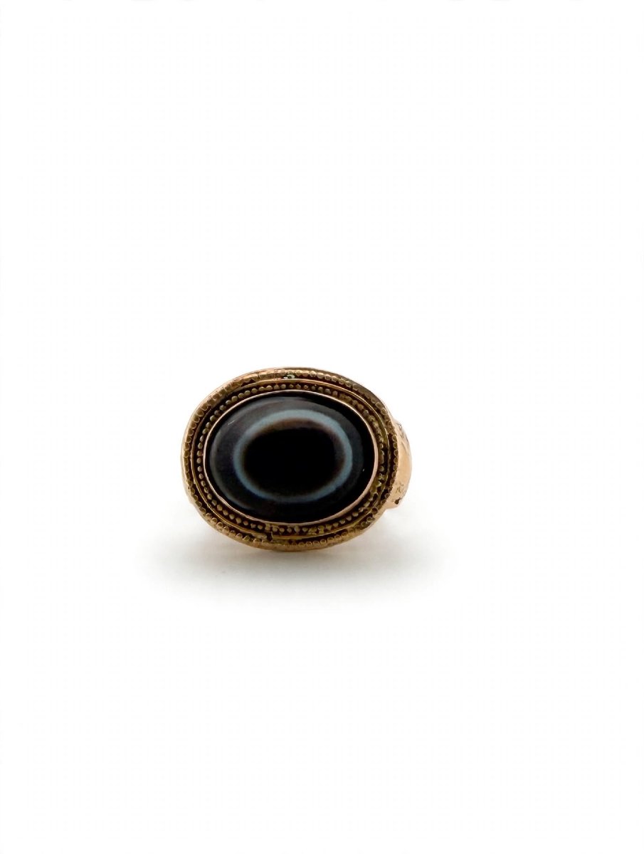 Anello Vintage Occhio Tibetano con Agata Nera e Oro inciso 18Kt-photo-3
