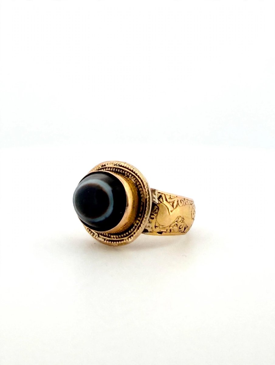 Anello Vintage Occhio Tibetano con Agata Nera e Oro inciso 18Kt-photo-4