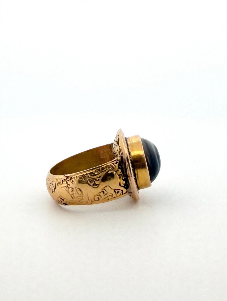 Anello Vintage Occhio Tibetano con Agata Nera e Oro inciso 18Kt-photo-2