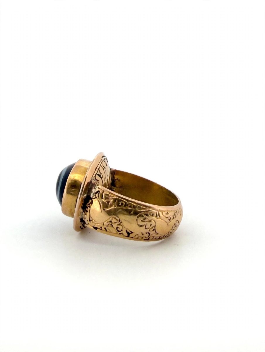 Anello Vintage Occhio Tibetano con Agata Nera e Oro inciso 18Kt-photo-4