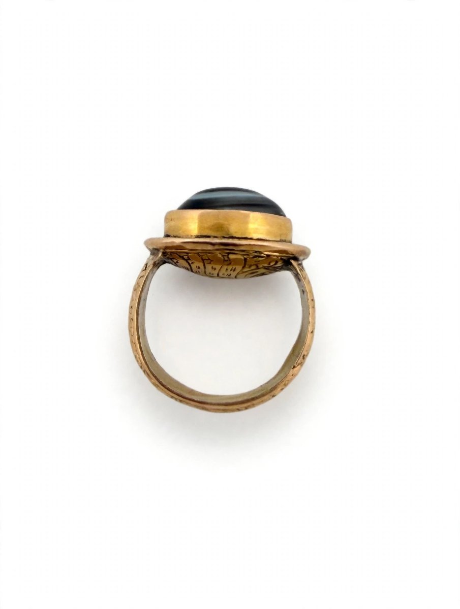 Anello Vintage Occhio Tibetano con Agata Nera e Oro inciso 18Kt-photo-5