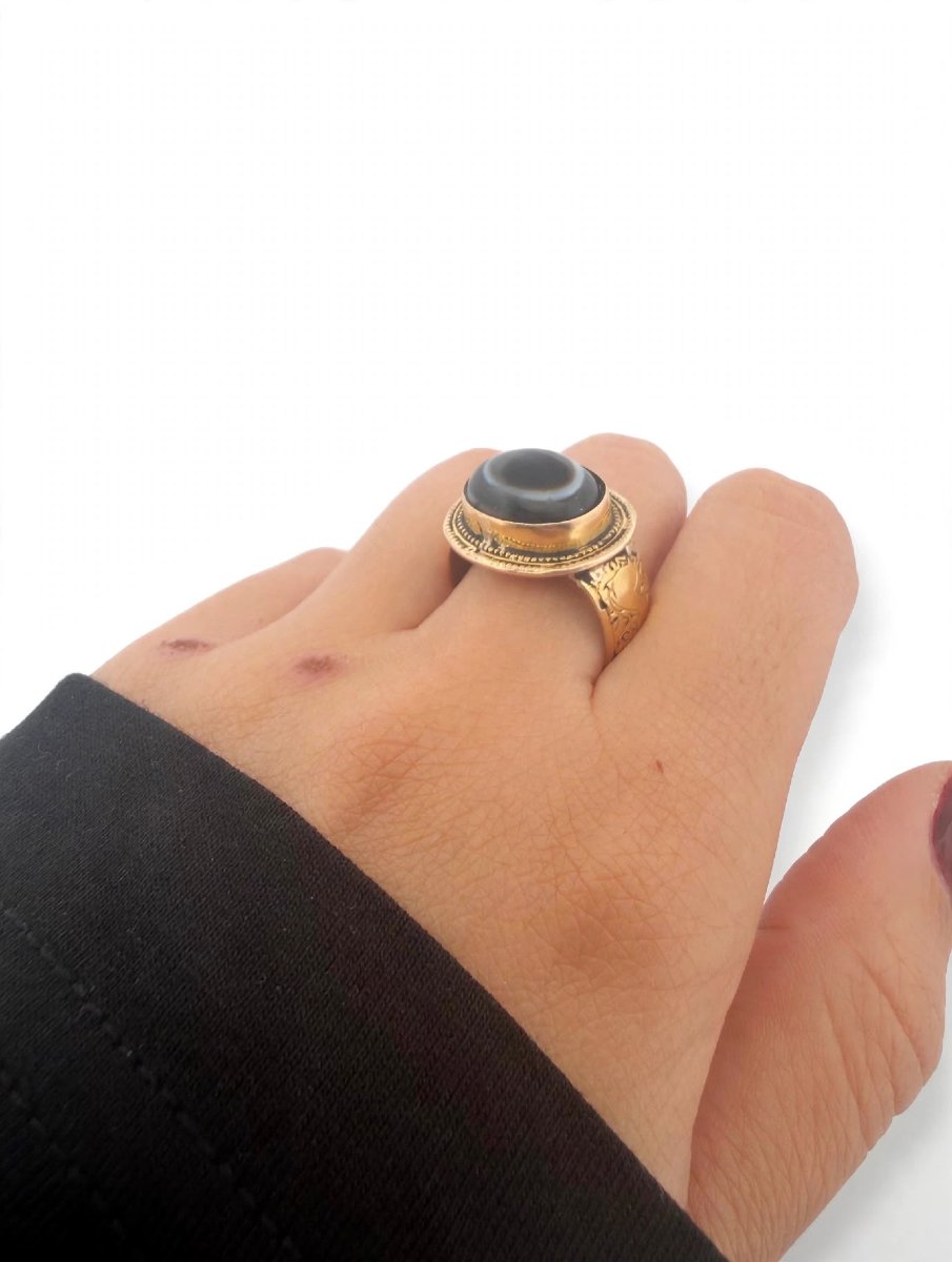 Anello Vintage Occhio Tibetano con Agata Nera e Oro inciso 18Kt-photo-7