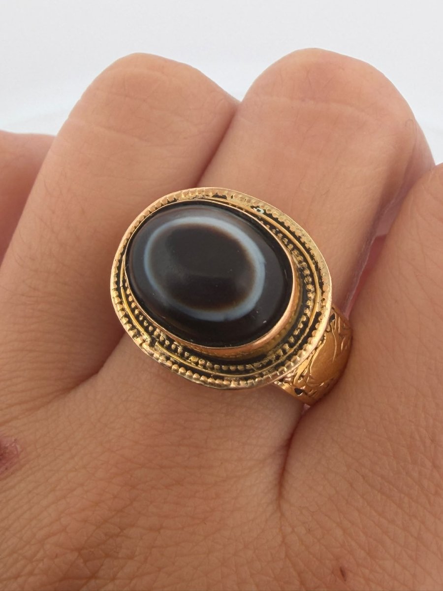 Anello Vintage Occhio Tibetano con Agata Nera e Oro inciso 18Kt-photo-8