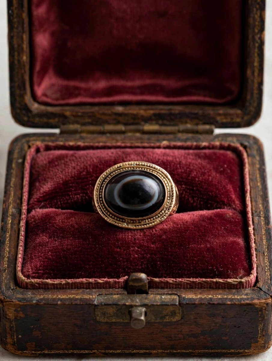Anello Vintage Occhio Tibetano con Agata Nera e Oro inciso 18Kt