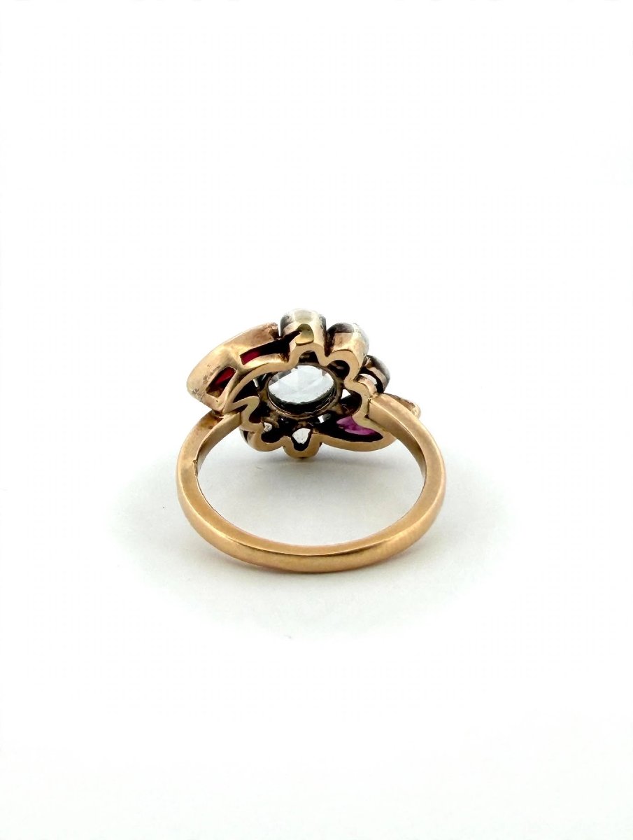 Anello Cluster Antico in Oro 18Kt con Diamante centrale e Rubini navette-photo-2