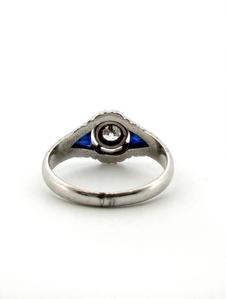 Anello Art Decò in Oro bianco 18Kt con Diamante Old European Cut e Zaffiri-photo-2
