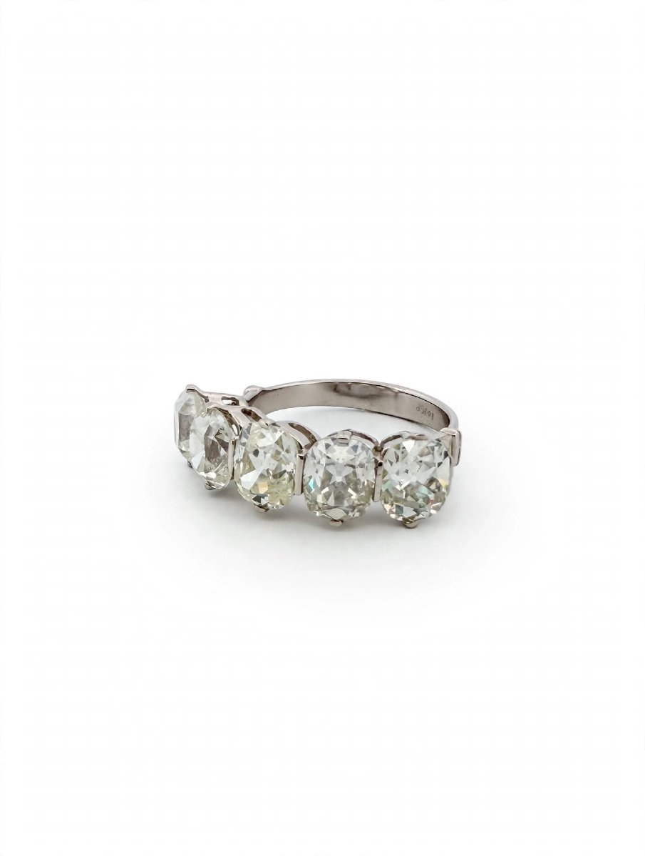 Anello Veretta in Oro Bianco 18Kt con 5 Diamanti taglio Cushion Antico-photo-2