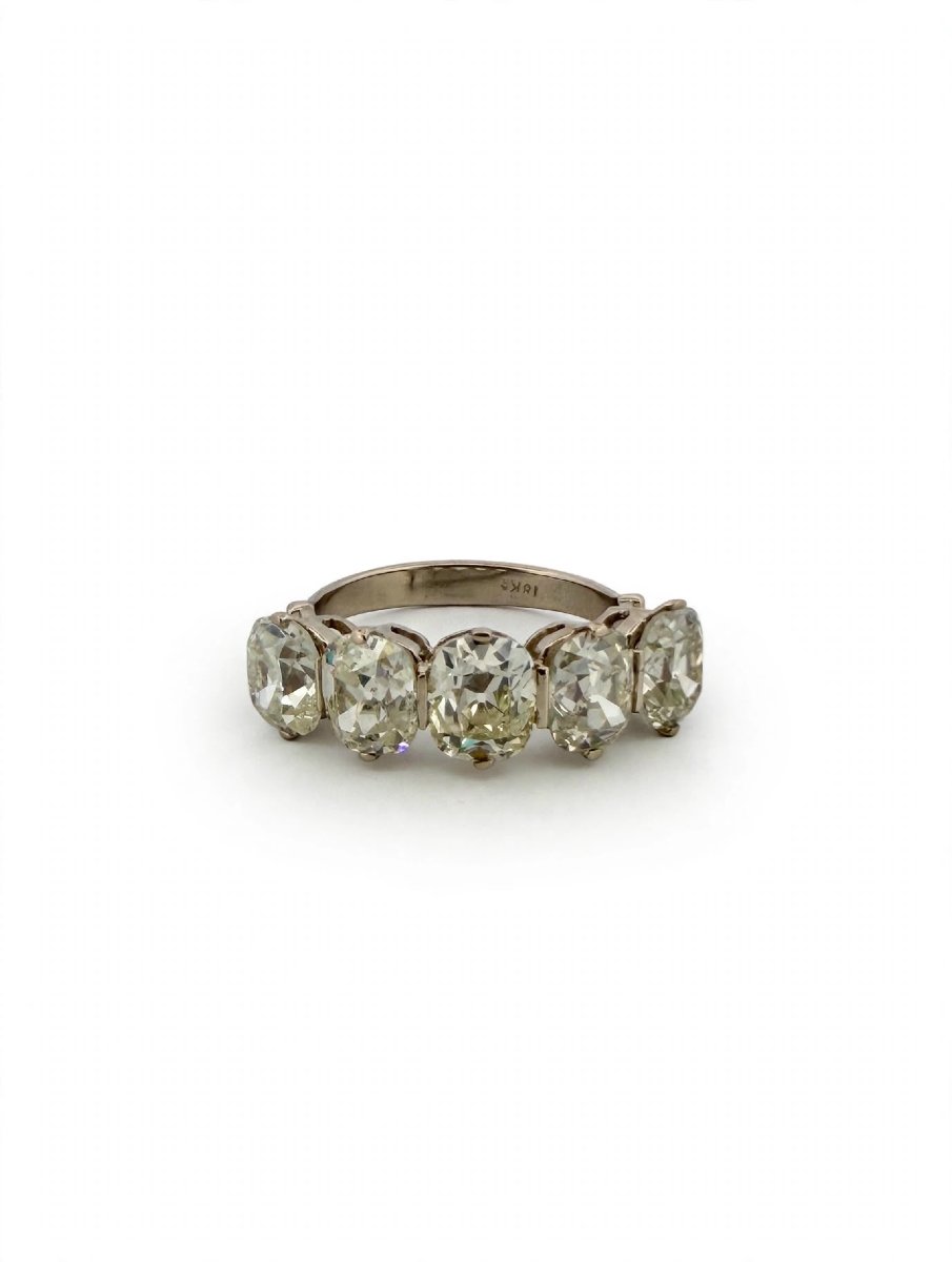 Anello Veretta in Oro Bianco 18Kt con 5 Diamanti taglio Cushion Antico-photo-4