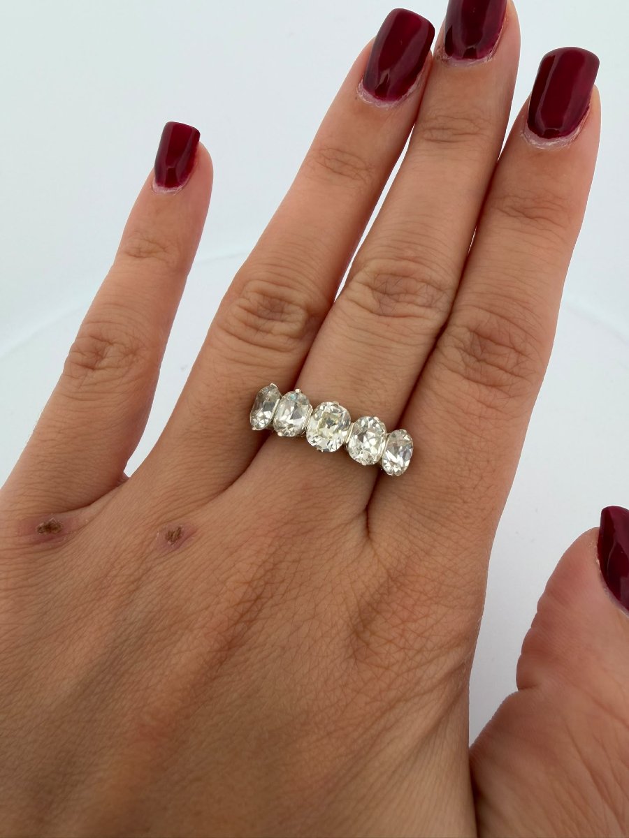 Anello Veretta in Oro Bianco 18Kt con 5 Diamanti taglio Cushion Antico-photo-5