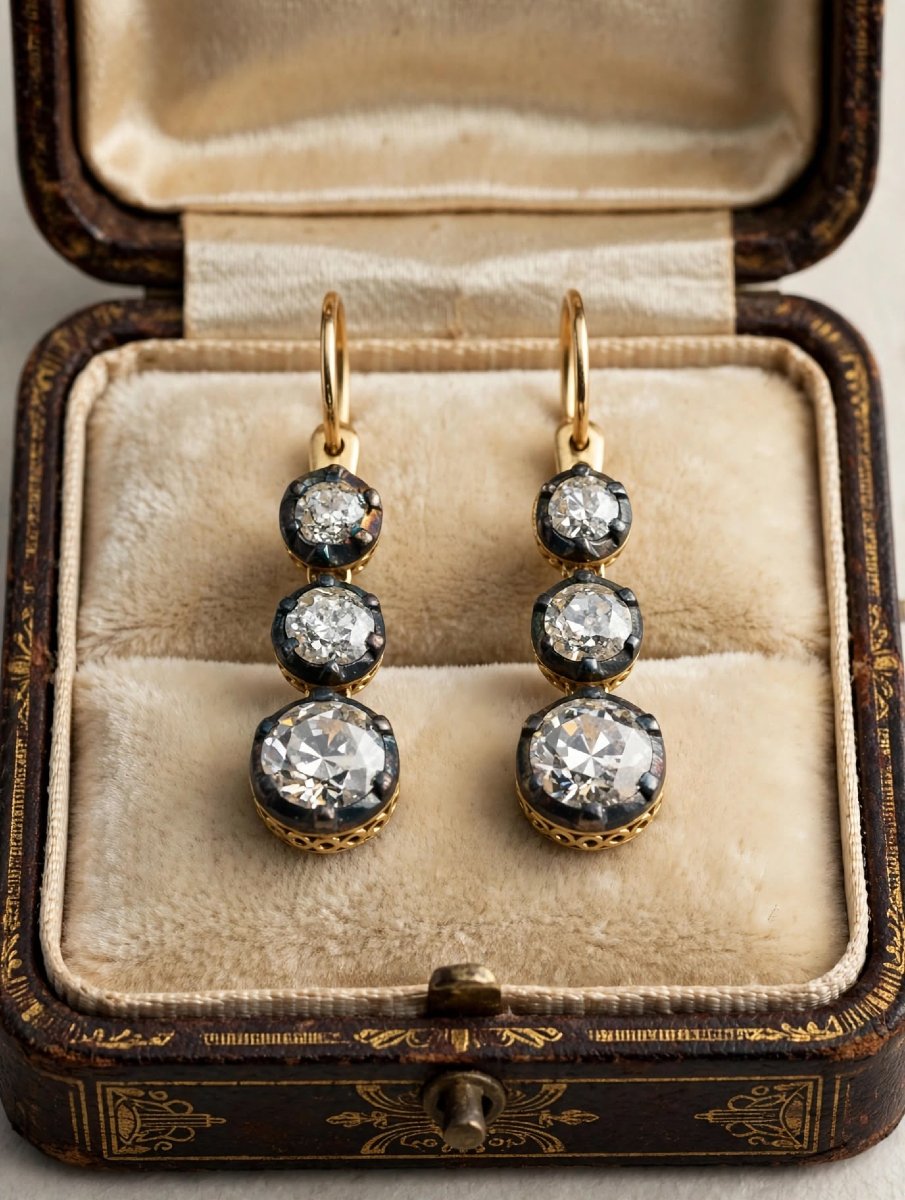 Orecchini Pendenti Antichi a 3 Diamanti in Oro 18Kt