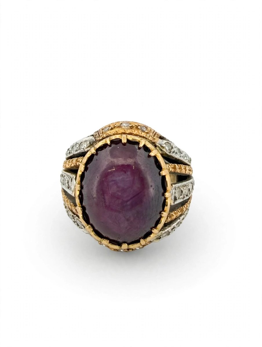 Anello Cocktail in Oro Giallo e Bianco 18Kt con Zaffiro Stellato e Diamanti-photo-3