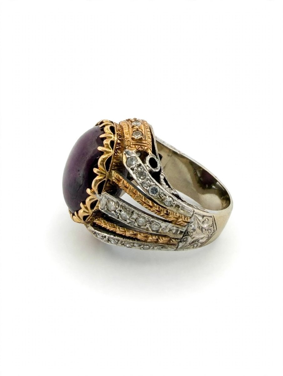Anello Cocktail in Oro Giallo e Bianco 18Kt con Zaffiro Stellato e Diamanti-photo-1