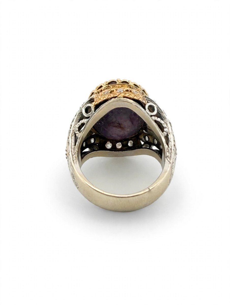 Anello Cocktail in Oro Giallo e Bianco 18Kt con Zaffiro Stellato e Diamanti-photo-2