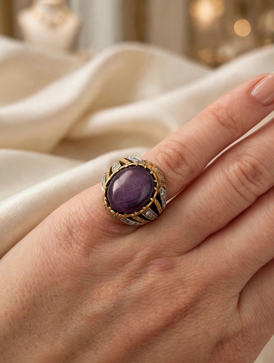Anello Cocktail in Oro Giallo e Bianco 18Kt con Zaffiro Stellato e Diamanti-photo-4