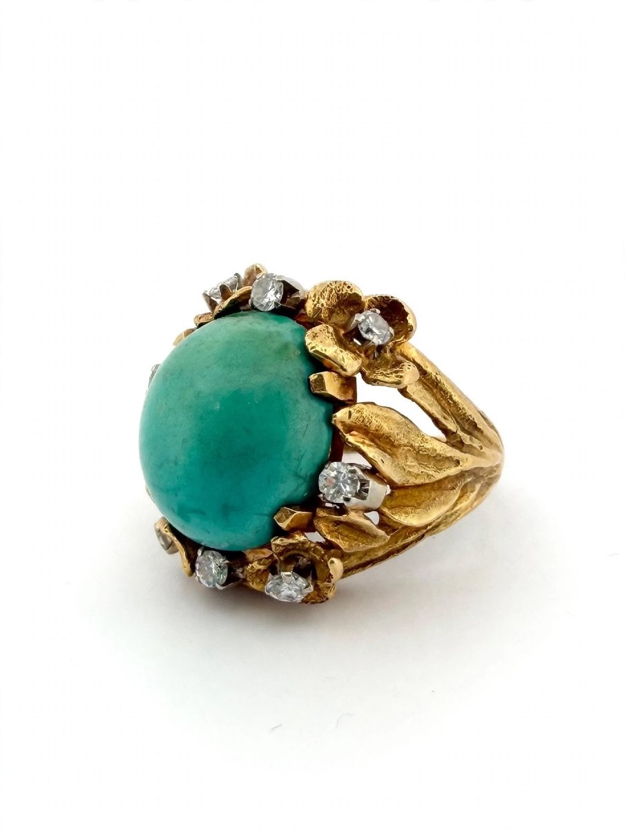 Anello Cocktail anni '60-'70 in Oro Giallo 18Kt con Cabochon Turchese Naturale e Diama-photo-2