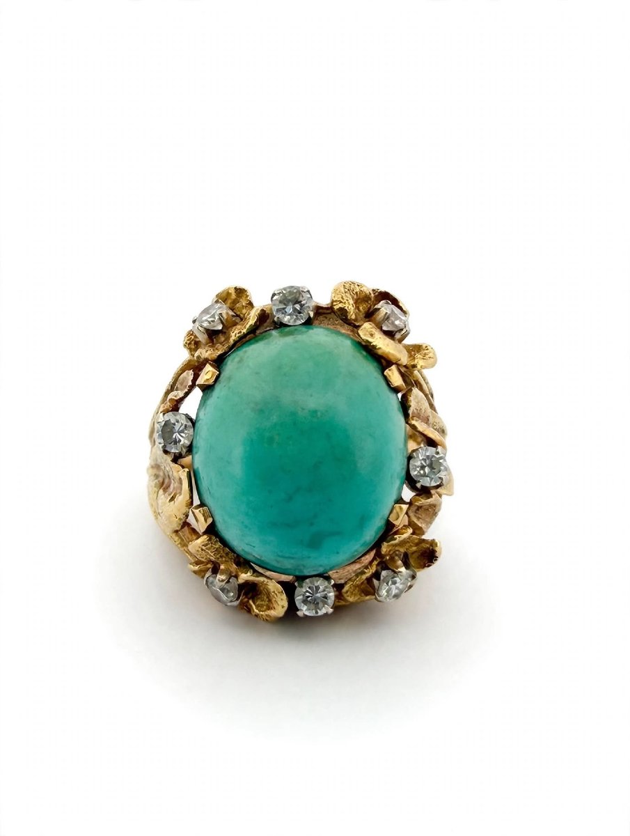 Anello Cocktail anni '60-'70 in Oro Giallo 18Kt con Cabochon Turchese Naturale e Diama-photo-3
