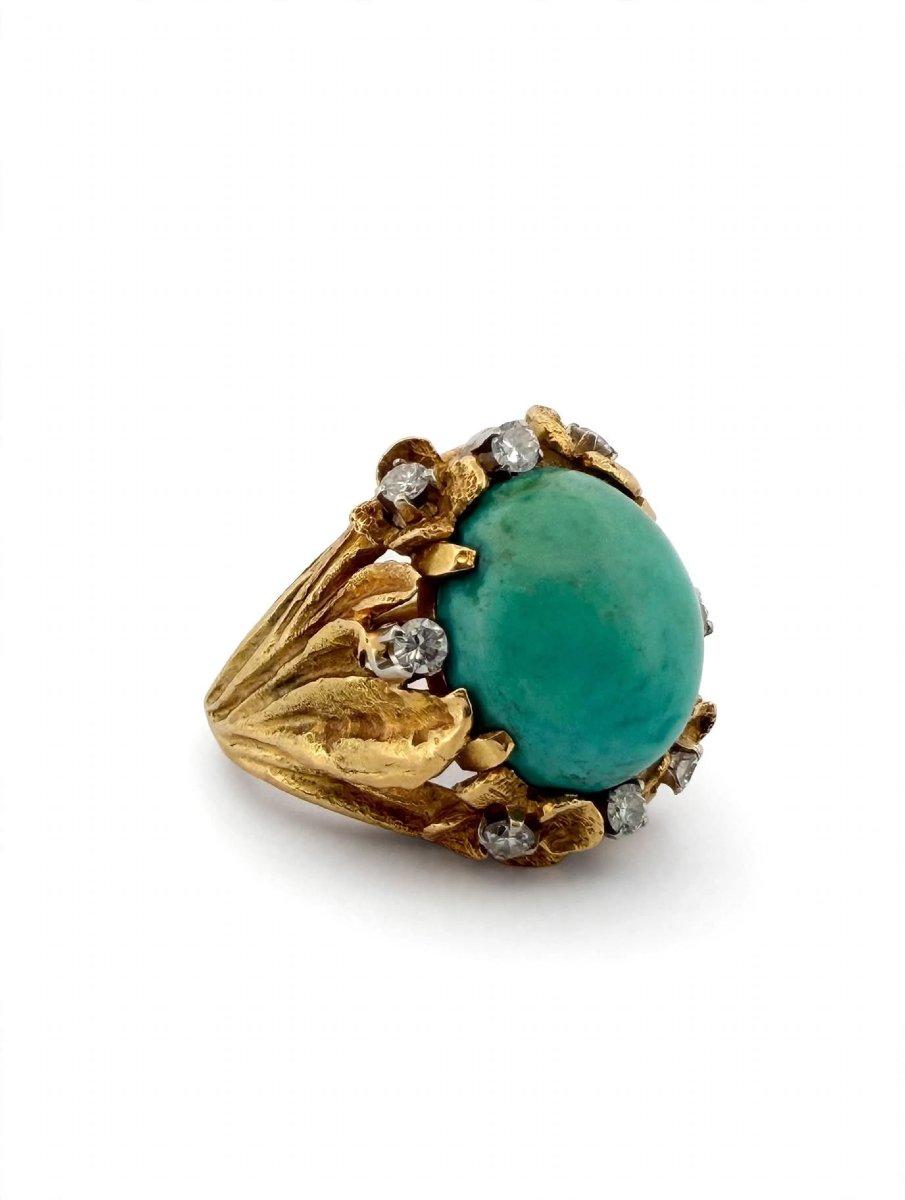 Anello Cocktail anni '60-'70 in Oro Giallo 18Kt con Cabochon Turchese Naturale e Diama-photo-4