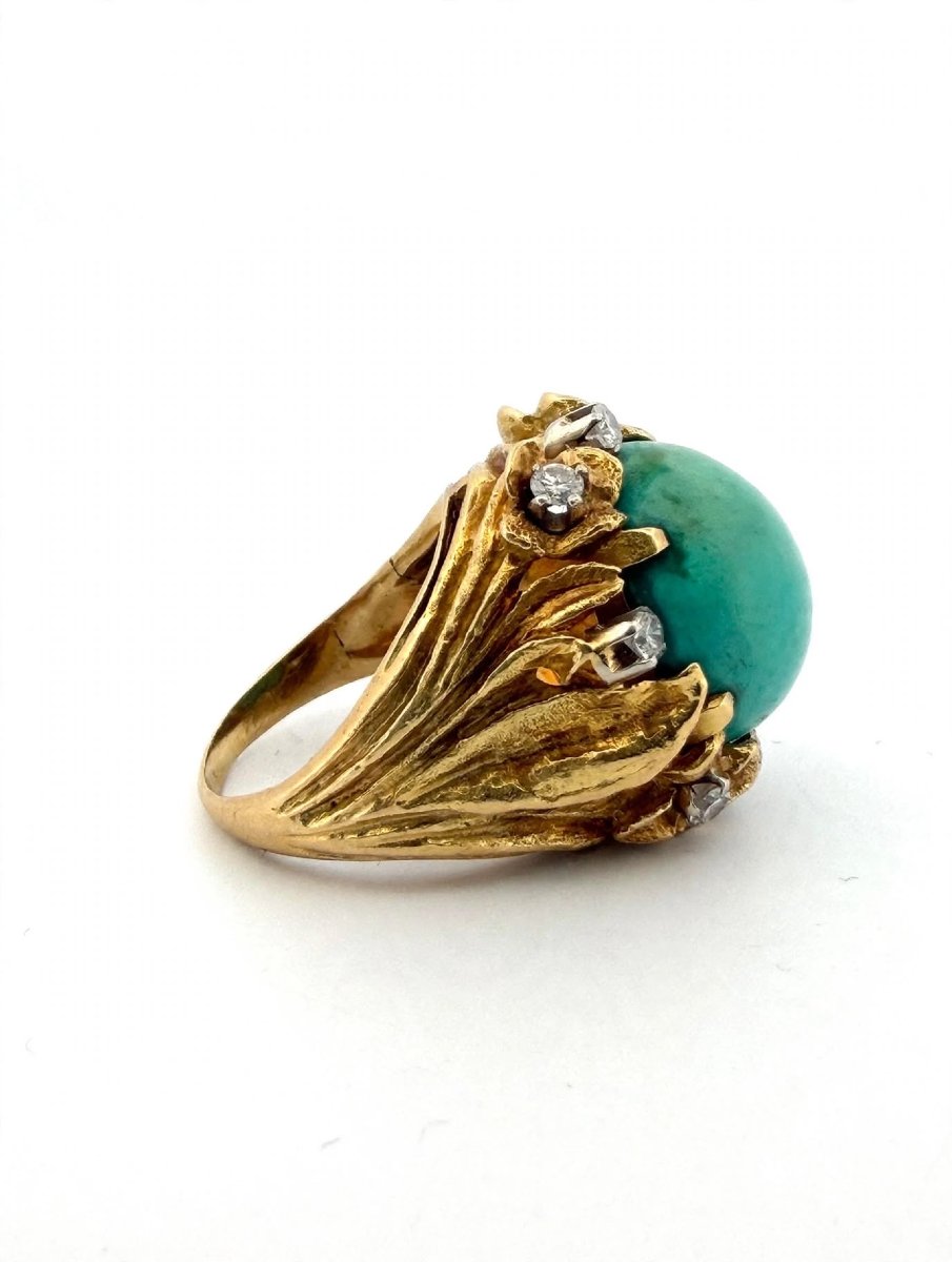 Anello Cocktail anni '60-'70 in Oro Giallo 18Kt con Cabochon Turchese Naturale e Diama-photo-1