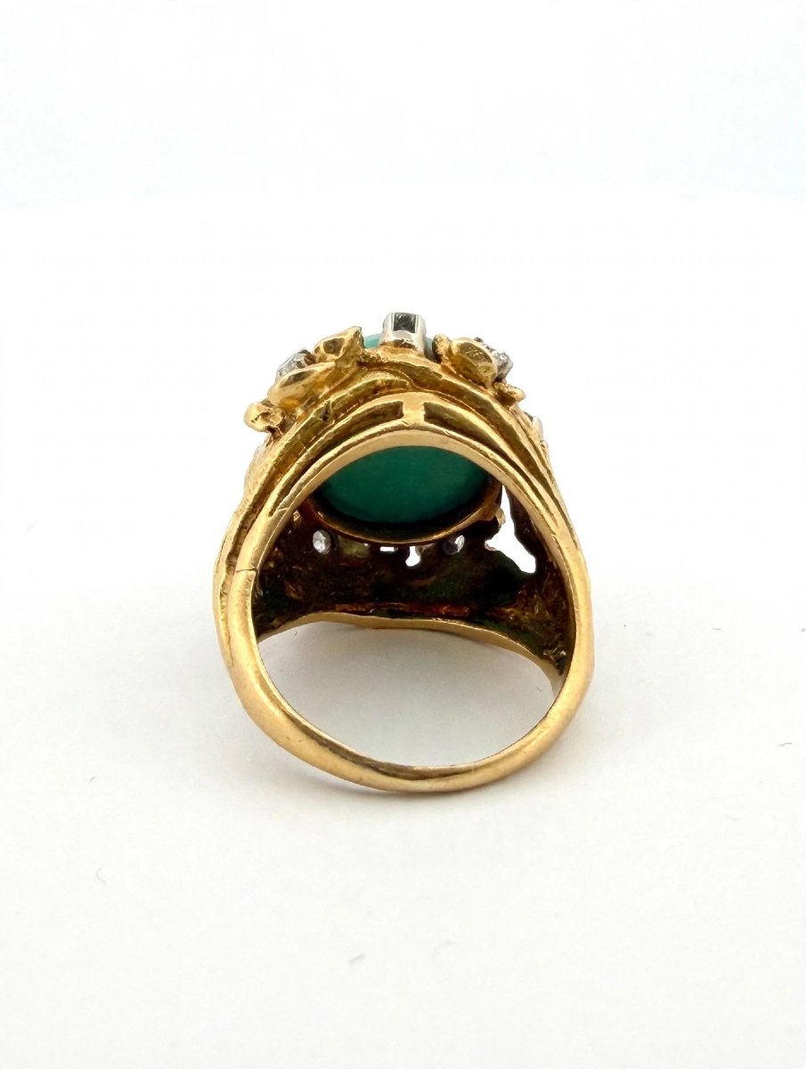 Anello Cocktail anni '60-'70 in Oro Giallo 18Kt con Cabochon Turchese Naturale e Diama-photo-2