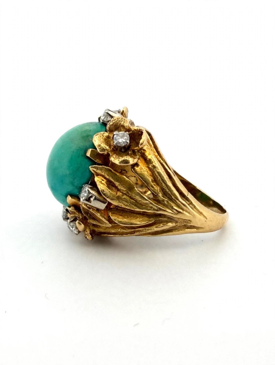 Anello Cocktail anni '60-'70 in Oro Giallo 18Kt con Cabochon Turchese Naturale e Diama-photo-3