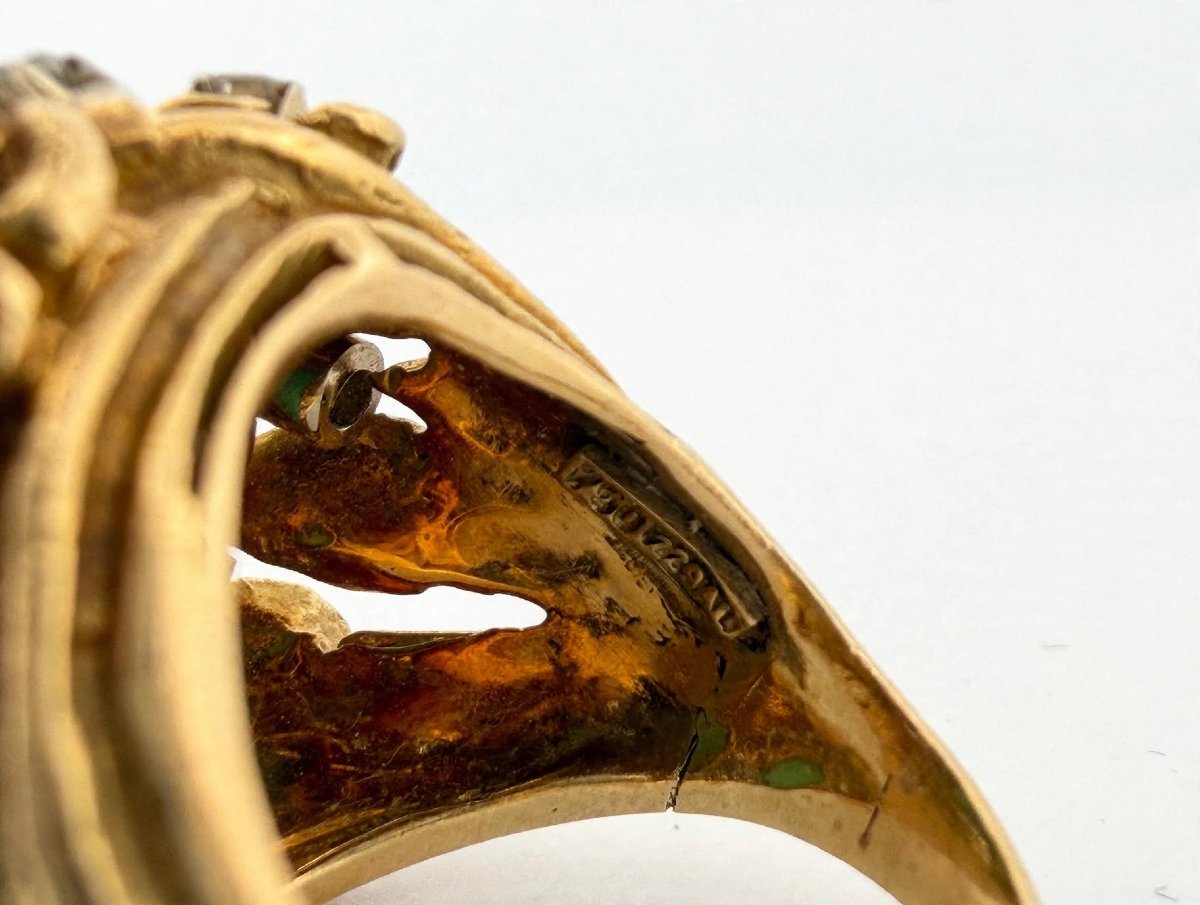 Anello Cocktail anni '60-'70 in Oro Giallo 18Kt con Cabochon Turchese Naturale e Diama-photo-4
