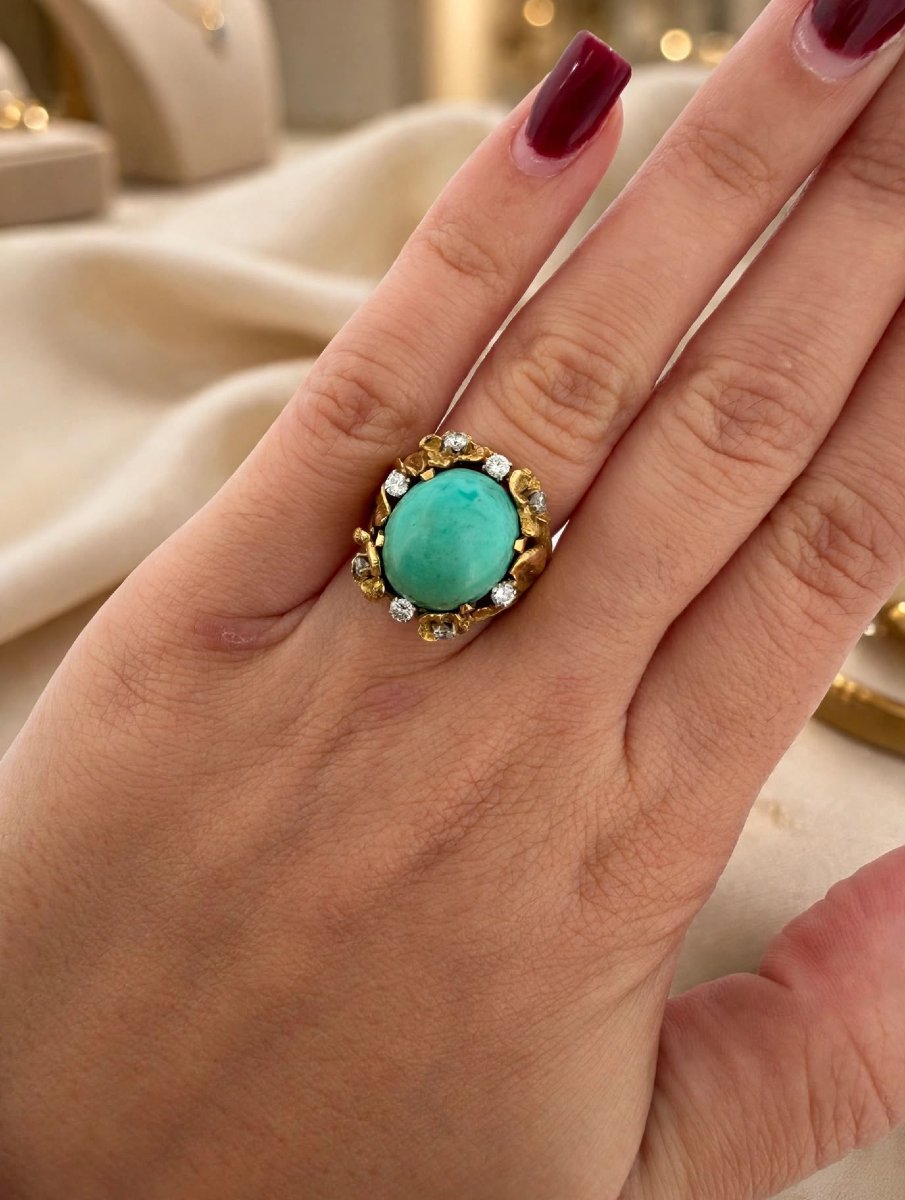 Anello Cocktail anni '60-'70 in Oro Giallo 18Kt con Cabochon Turchese Naturale e Diama-photo-5