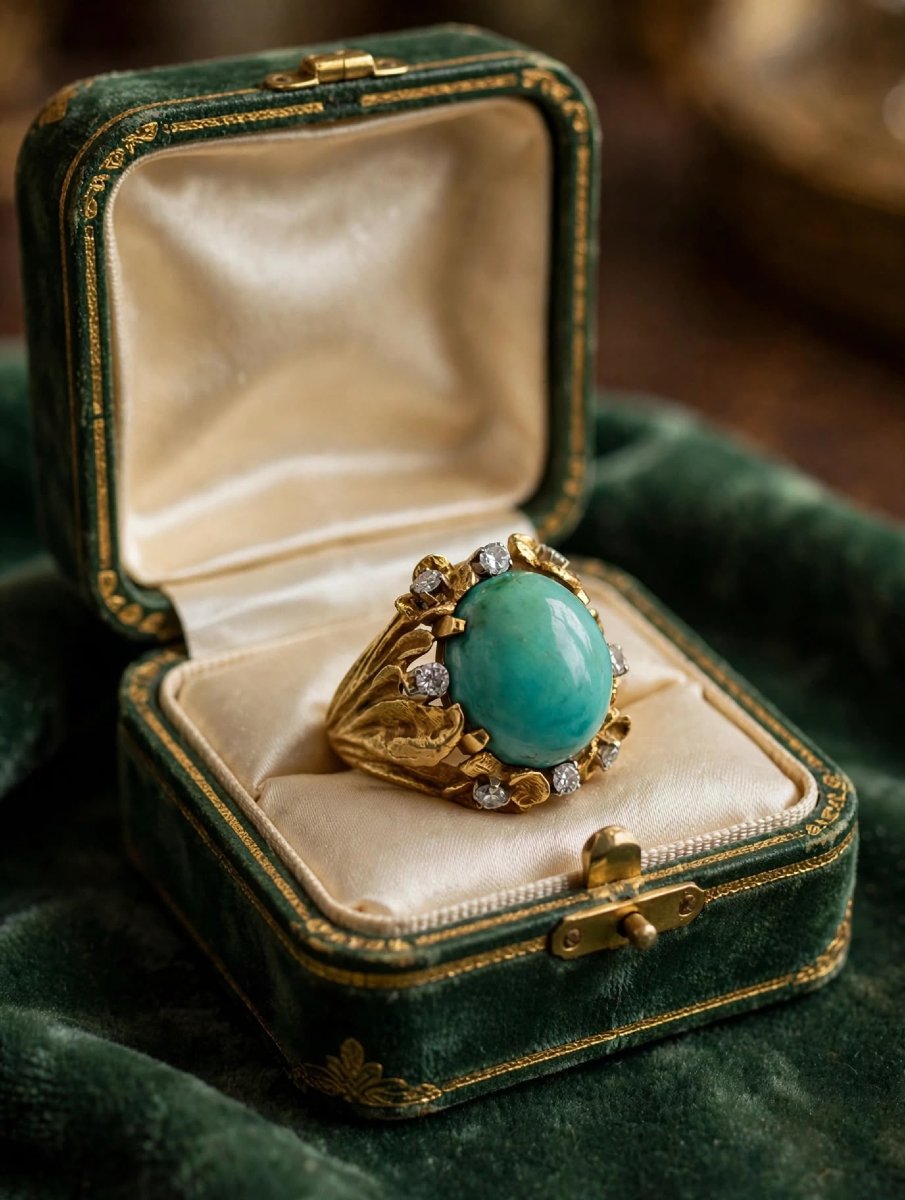 Anello Cocktail anni '60-'70 in Oro Giallo 18Kt con Cabochon Turchese Naturale e Diama