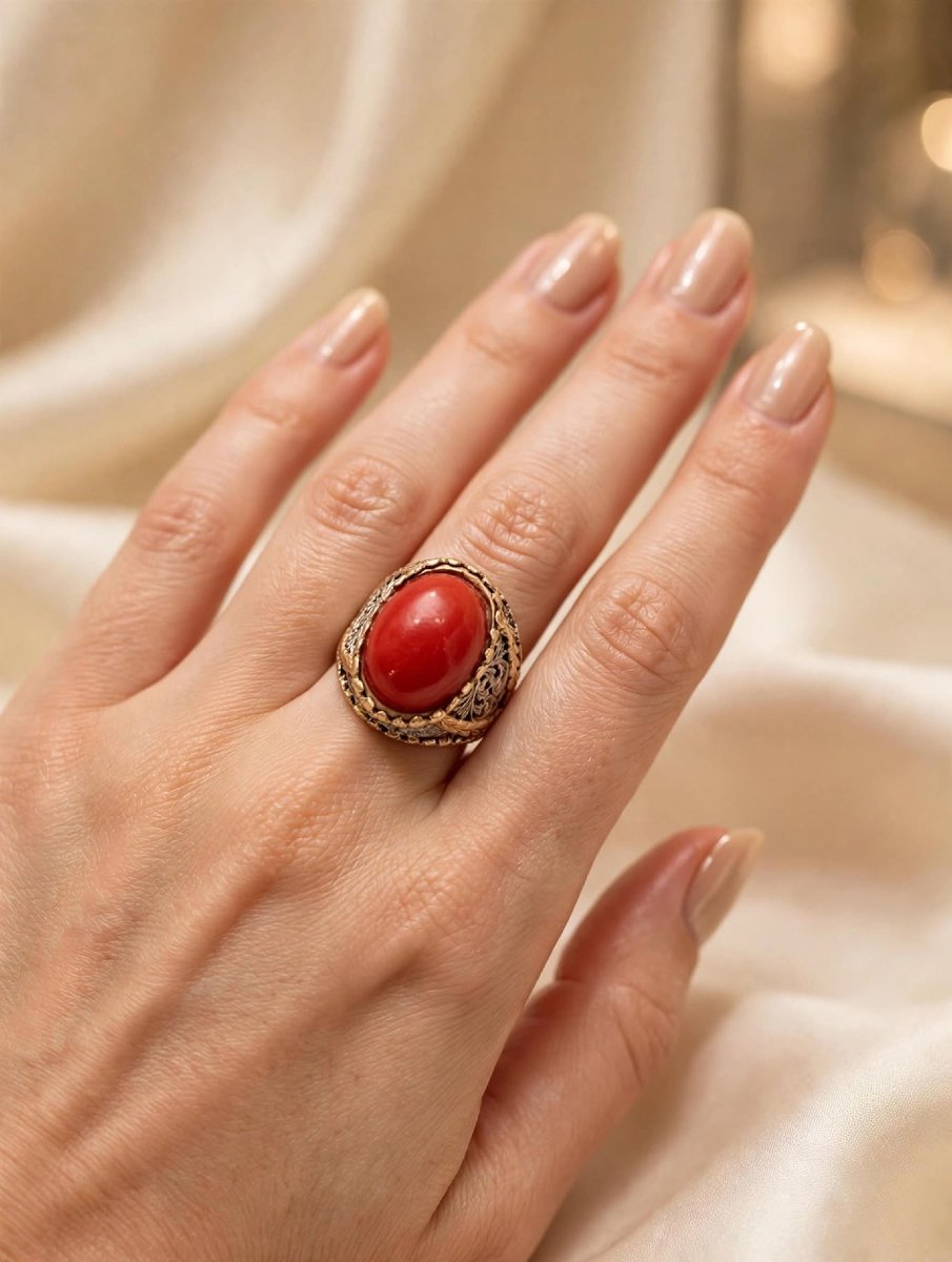 Anello in Oro Giallo e Bianco 18Kt con gambo lavorato e Corallo Ovale-photo-4
