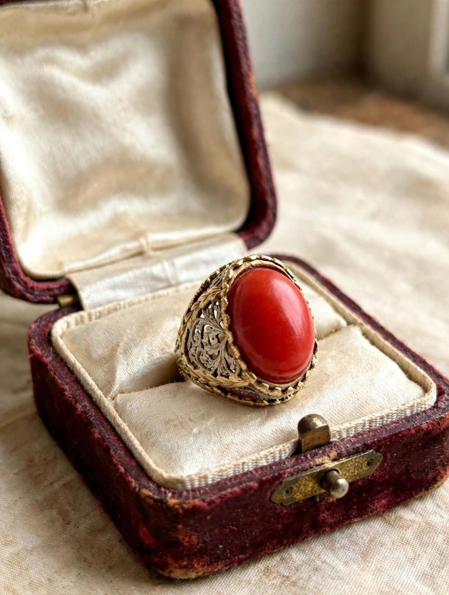 Anello in Oro Giallo e Bianco 18Kt con gambo lavorato e Corallo Ovale