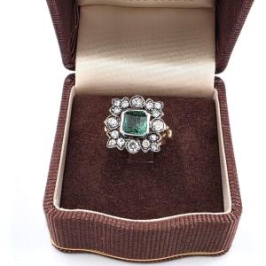 Anello XIX vittoriano in oro 12kt e argento con smeraldo e diamanti