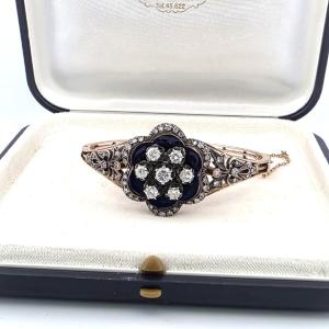 Bracciale vittoriano in oro basso e argento con diamanti e smalto blu