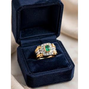 Anello a fascia in Oro giallo e bianco 18Kt con Smeraldo e Diamanti