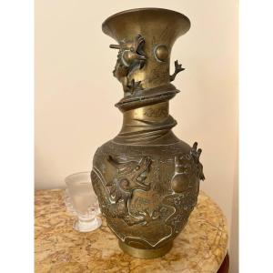 Antique Dragon-shaped Vase, Chinese, Brass, Decorative, Oriental Taste.