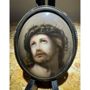 Painting Of The Crowned Christ On Porcelain.